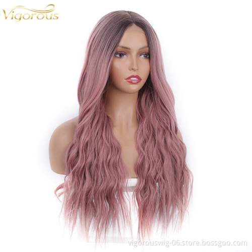 Body Wave Hair Wigs Long Synthetic Lace Ombre Grey Pink Wigs Women Middle Part Silky Full Heat Resistant Natural Looking wig